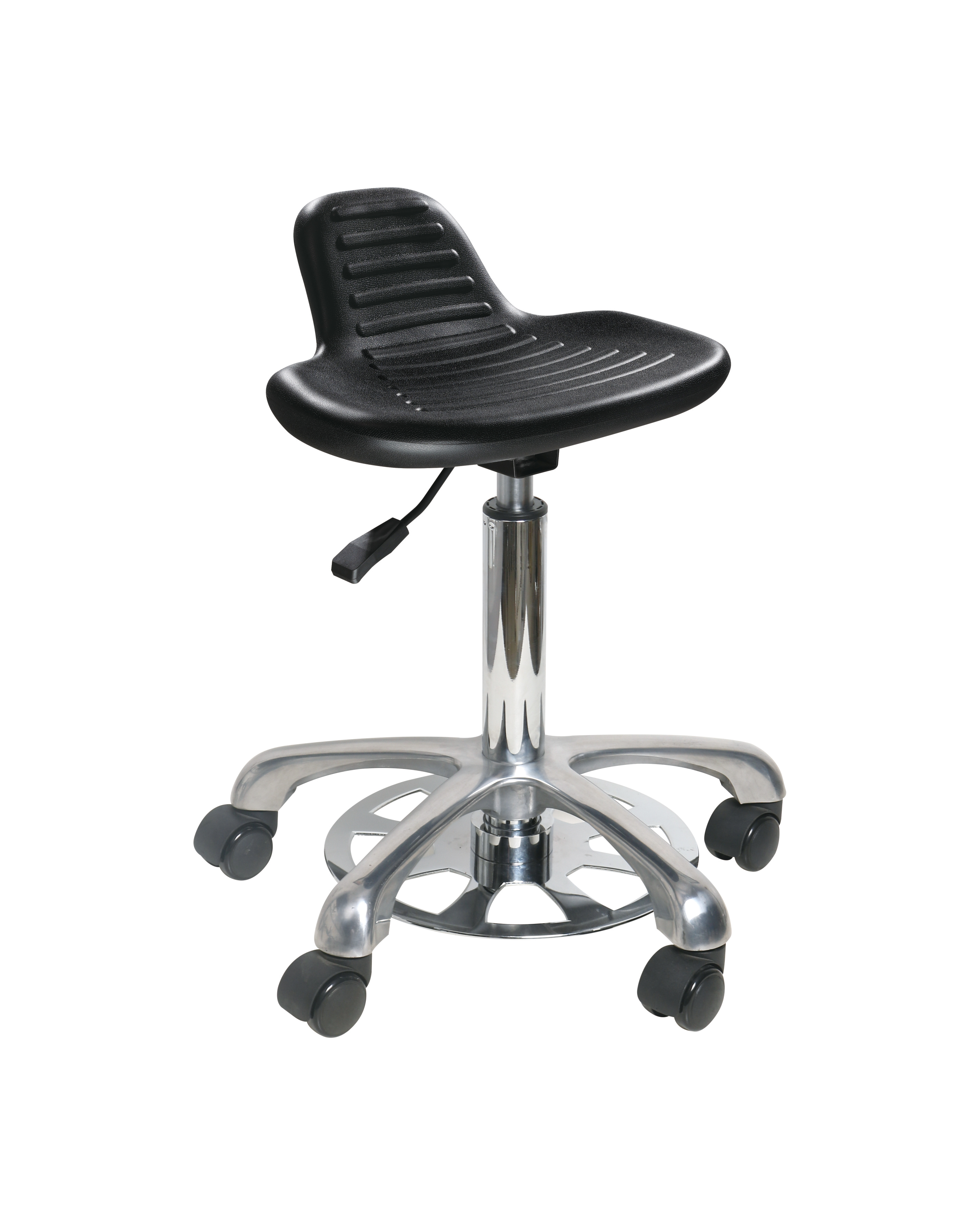 Black Polyurethane Adjustable Stool with Chrome Foot Ring and Casters Laboratory Stool