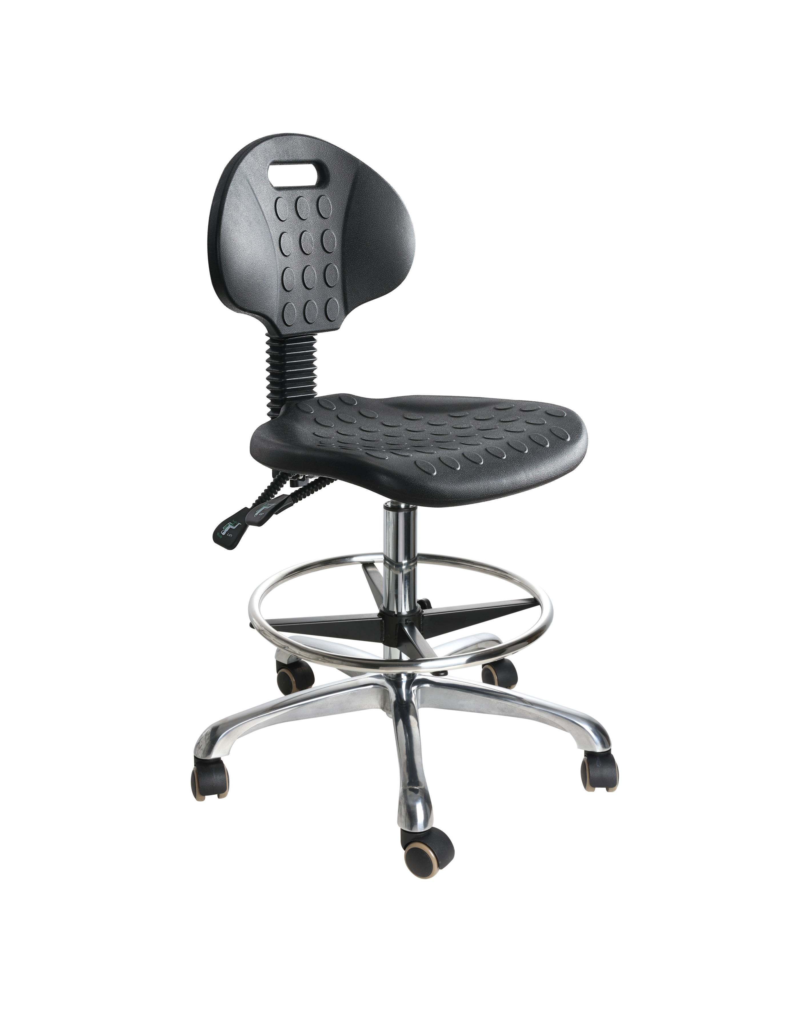 ESD safe polyurethane swivel chair with lumbar support and chrome footrest laboratory seating