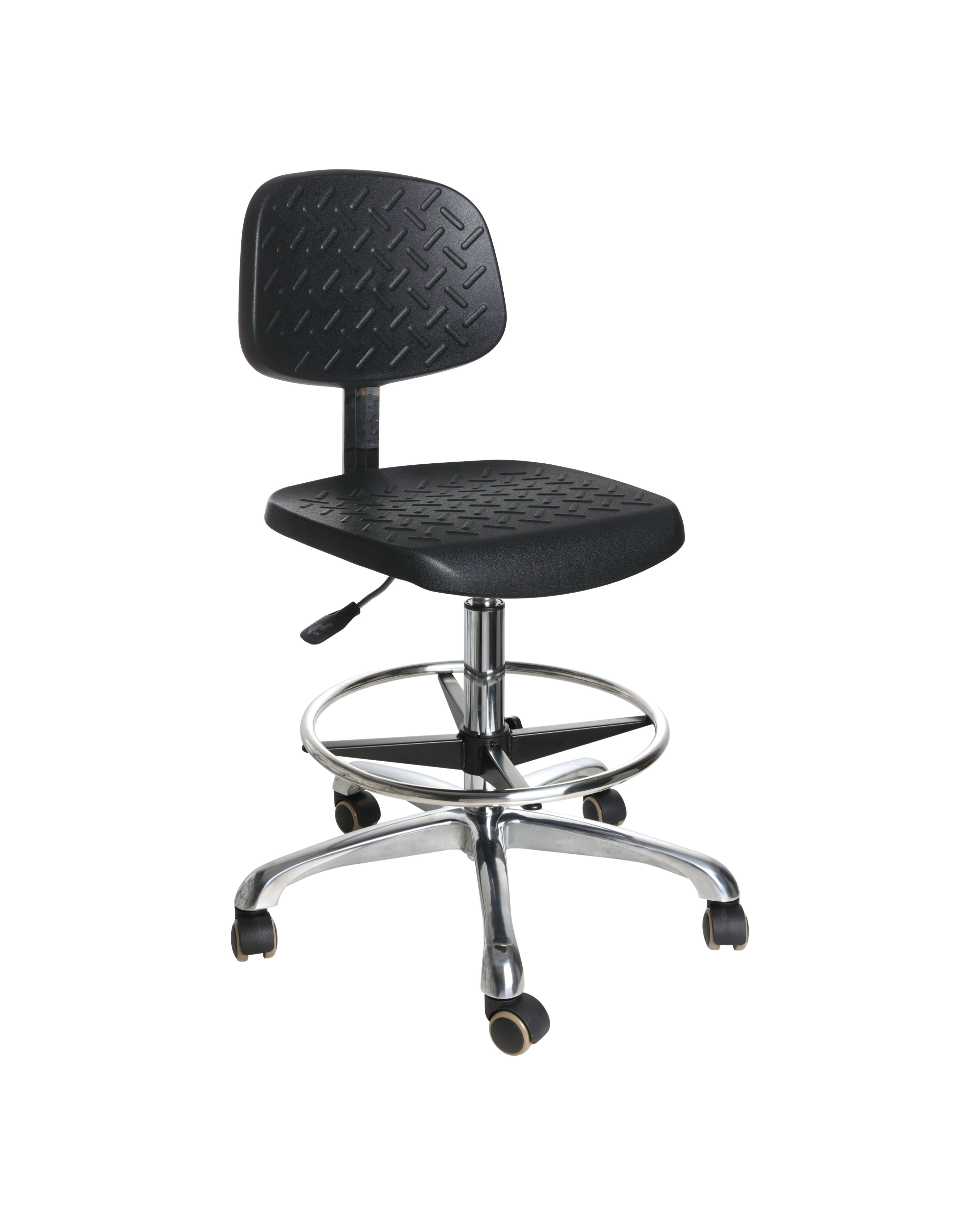 Industrial Lab Chair with Polyurethane Seat, Chrome Foot Ring and Casters