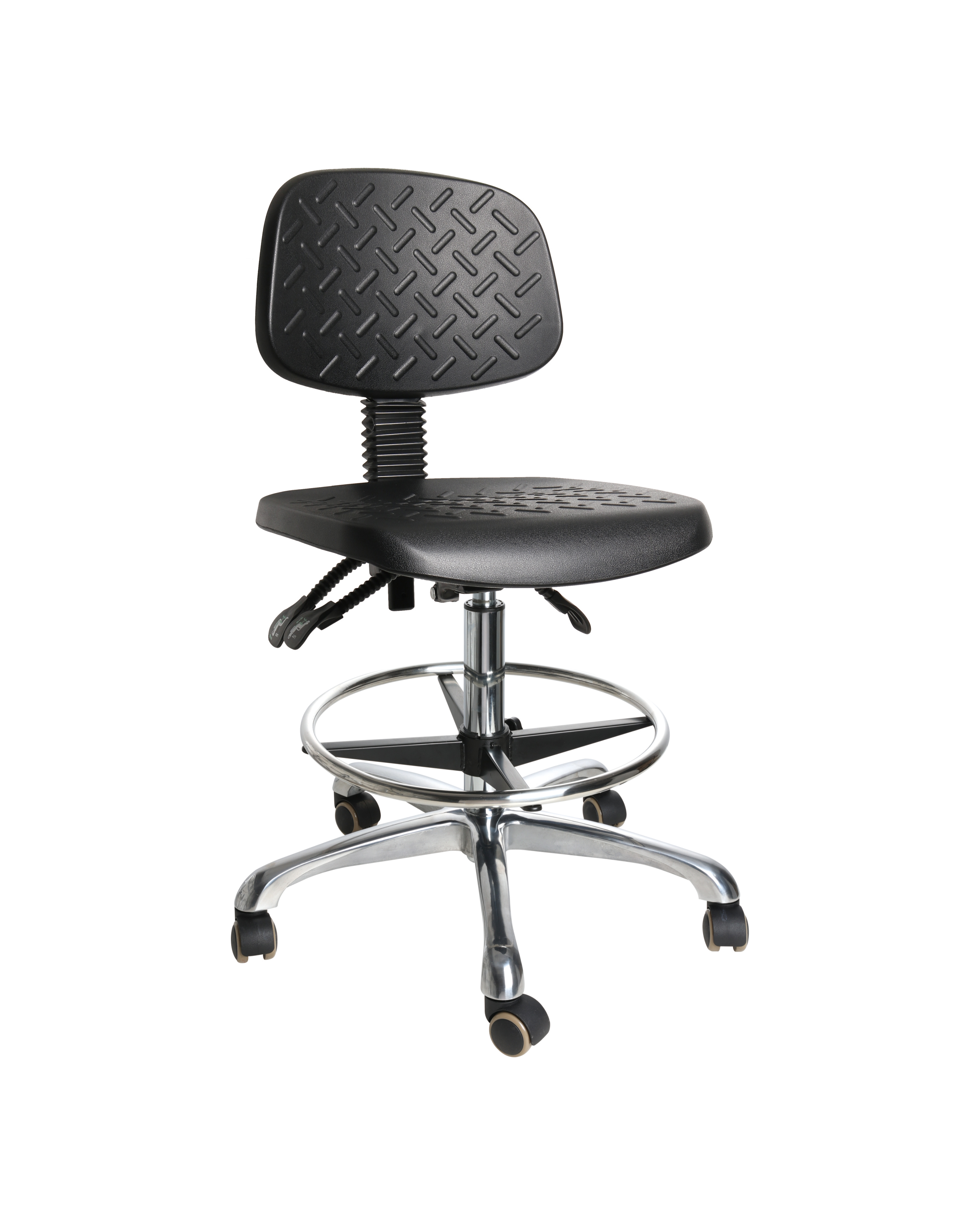 Multi-purpose anti-static polyurethane drafting stool with chrome foot ring laboratory seating