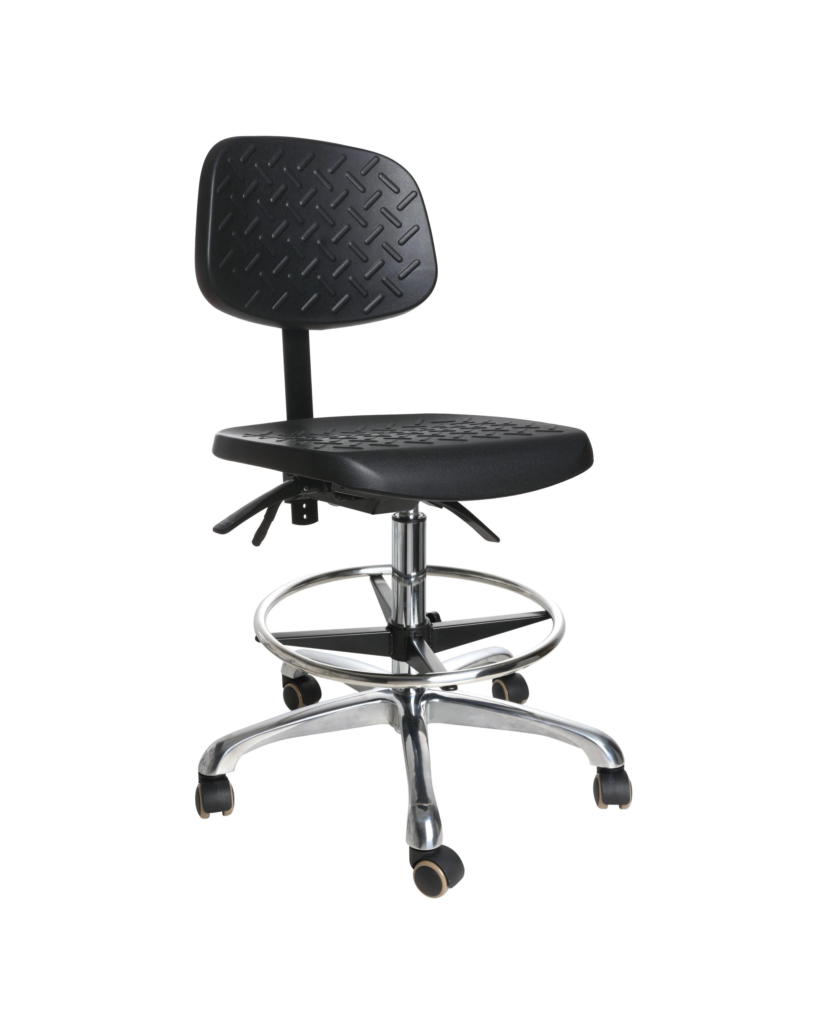 Multi-purpose anti-static polyurethane drafting stool with chrome foot ring laboratory seating
