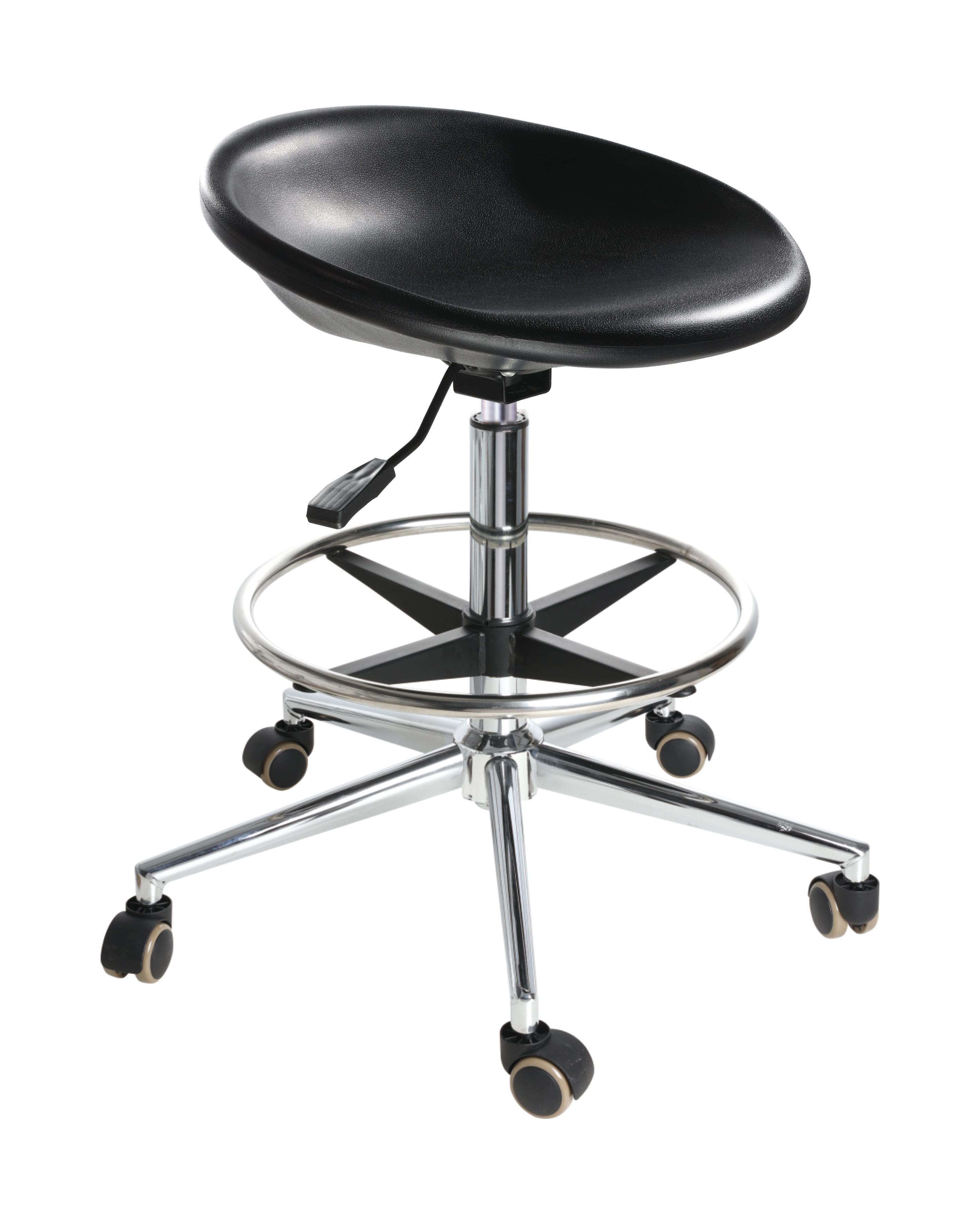 Industrial Polyurethane Chair with Chrome Foot Ring and Mobile Casters Lab Chair