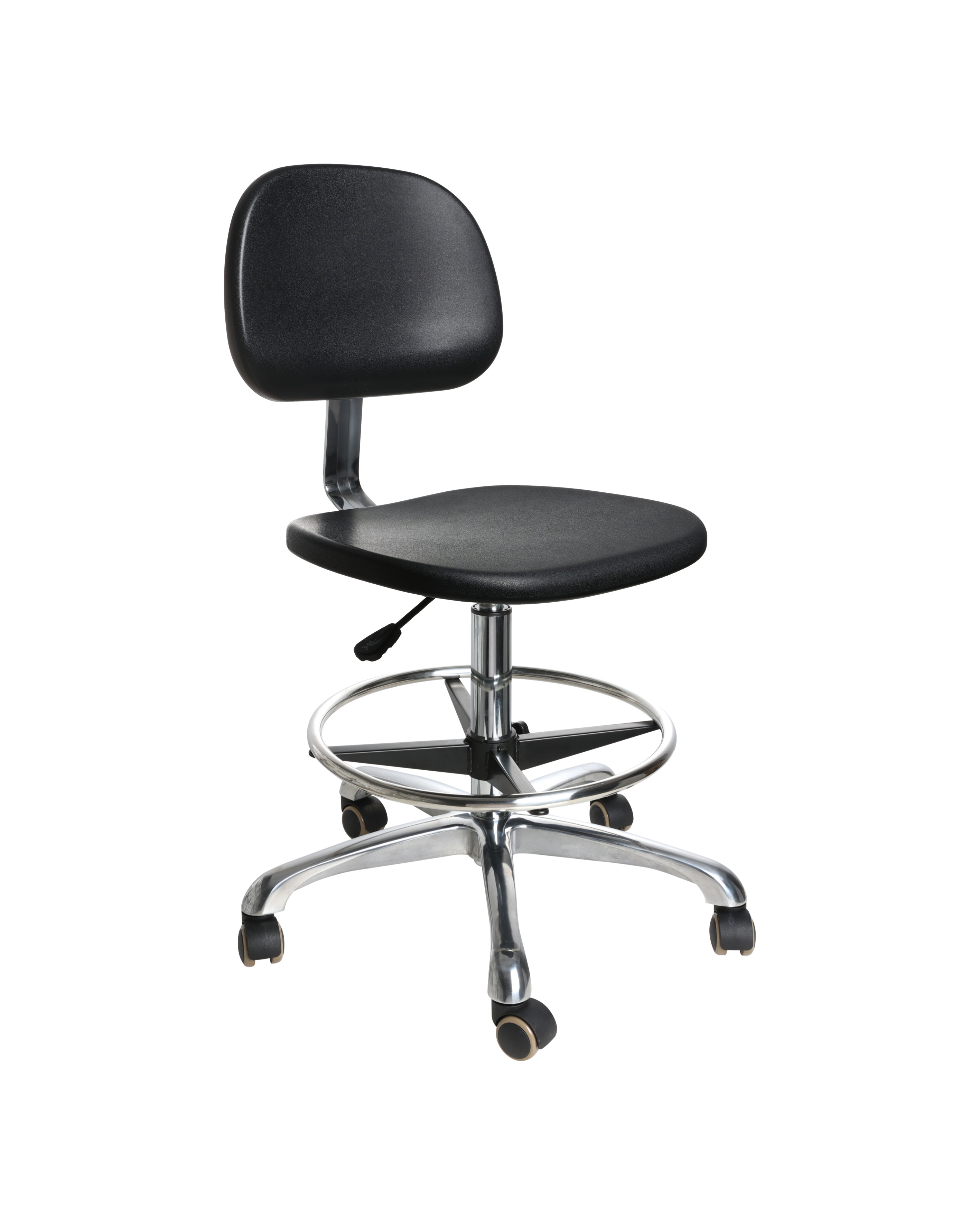 Industrial Polyurethane Lab Seating Chair with Chrome Foot Ring and Wheels