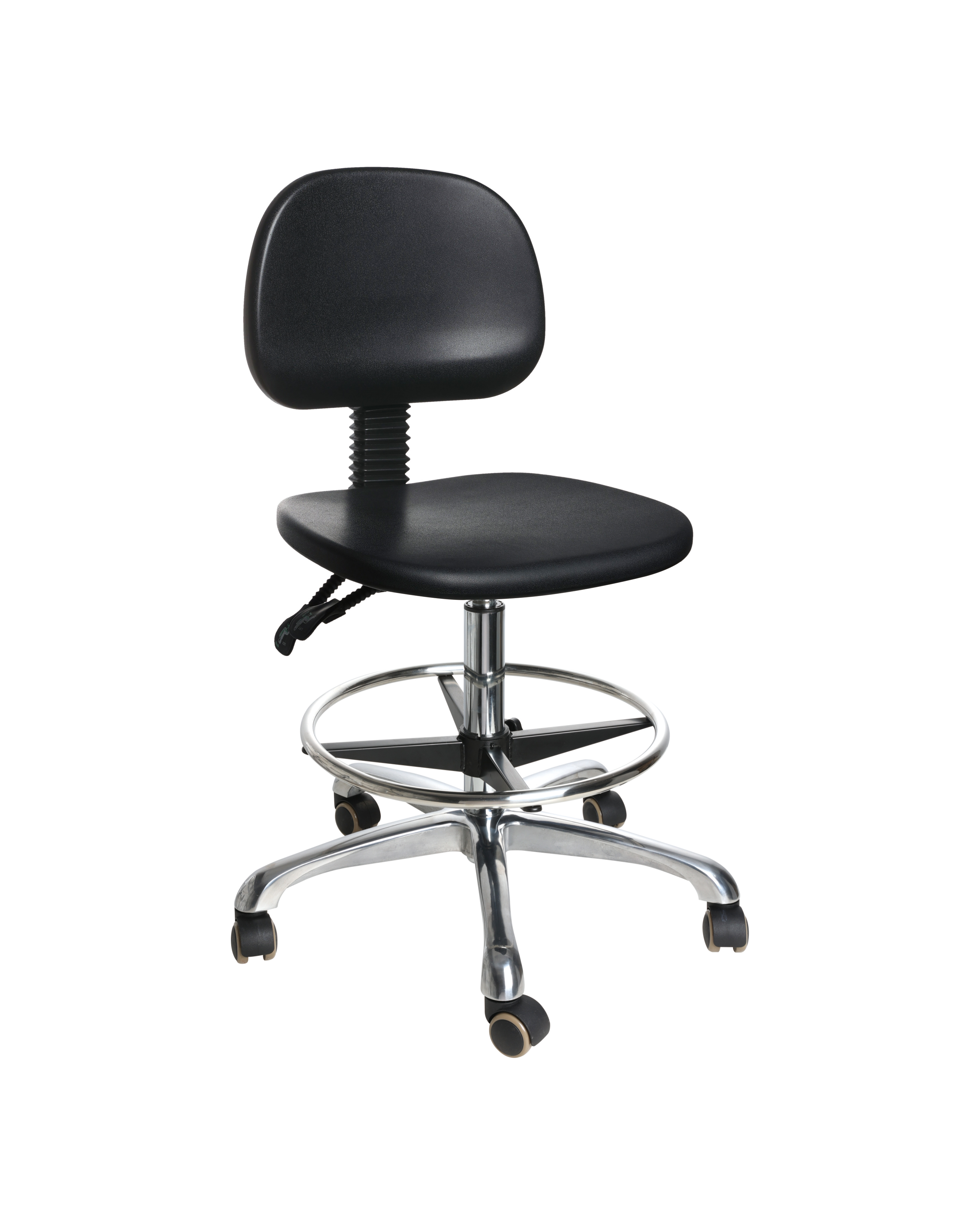 Industrial Polyurethane Lab Seating Chair with Chrome Foot Ring and Wheels
