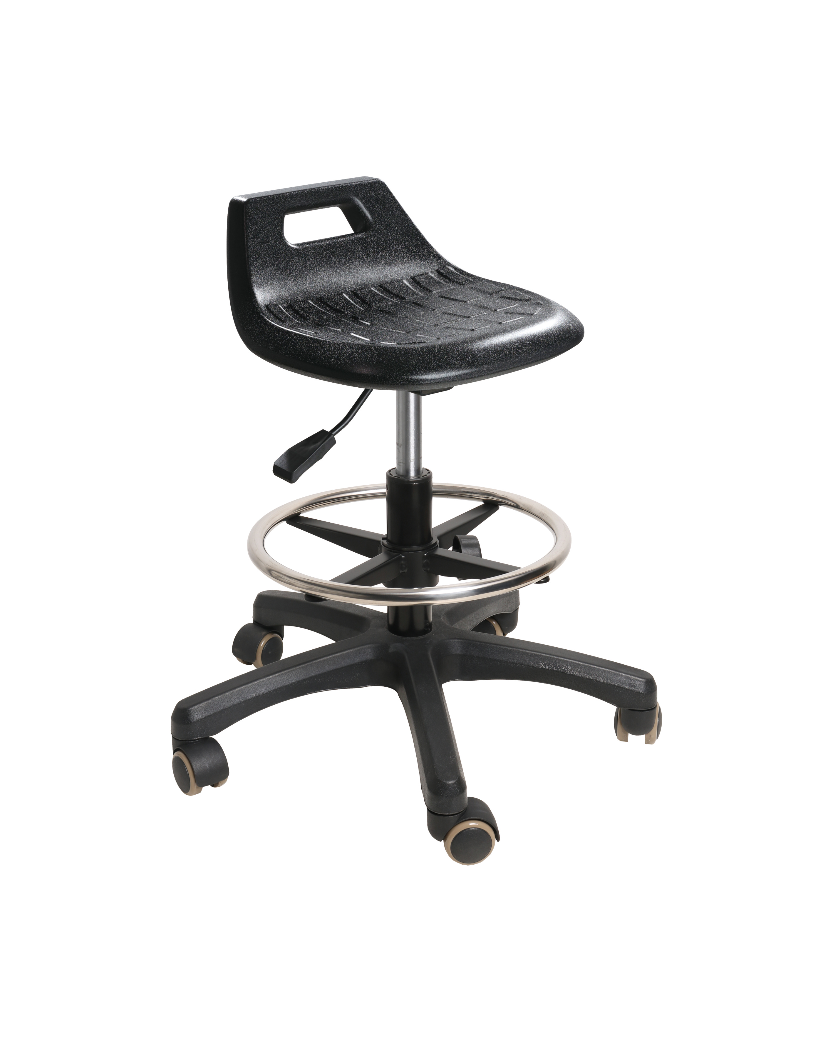 Industrial Polyurethane Stool with Chrome Foot Ring and Adjustable Height Laboratory Stool
