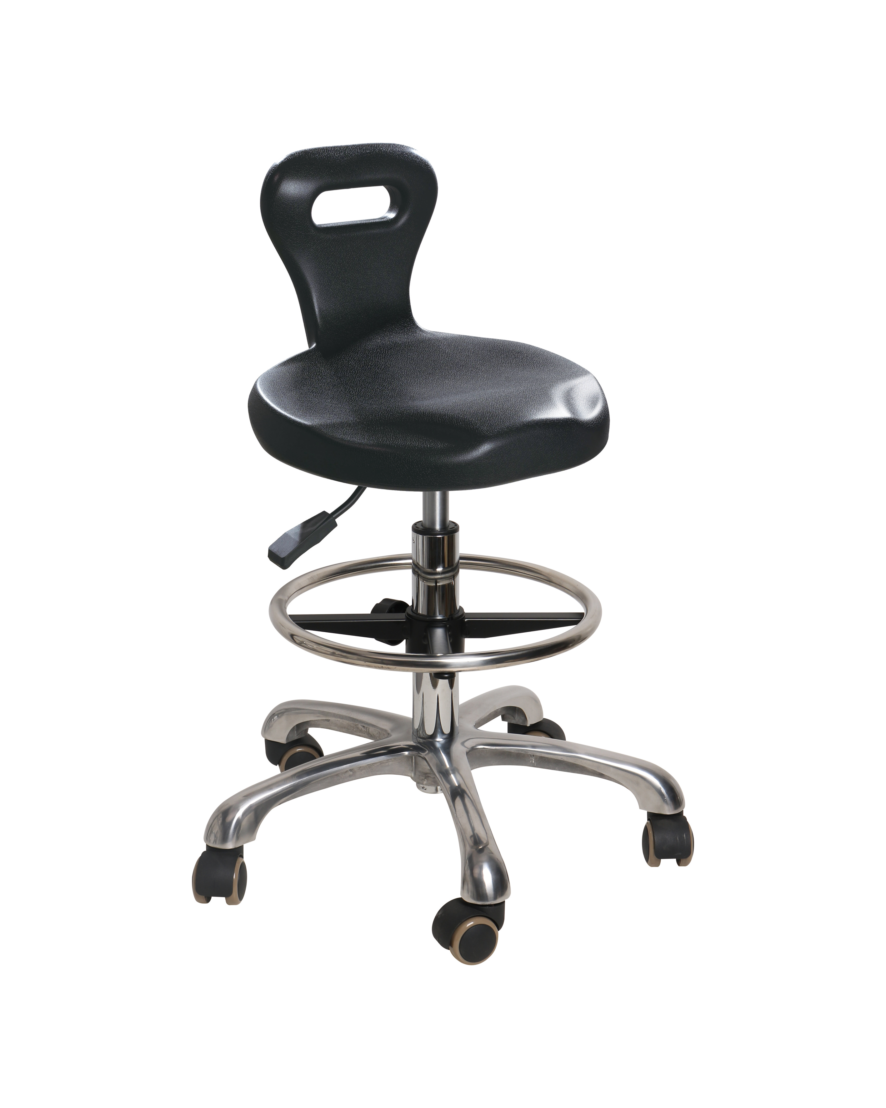 Black Industrial Polyurethane Adjustable Stool with Chrome Foot Ring Lab Stool