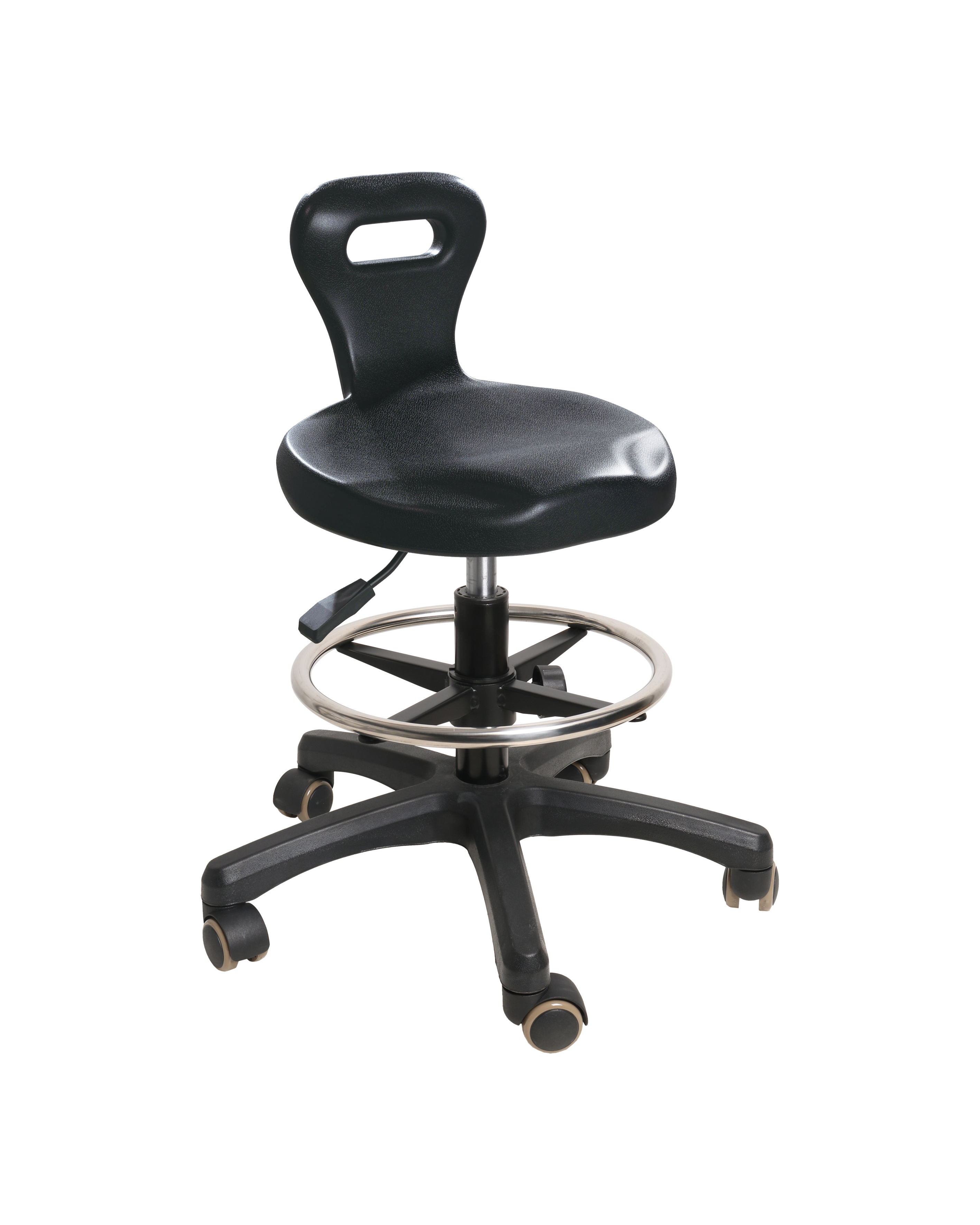 Black Industrial Polyurethane Adjustable Stool with Chrome Foot Ring Lab Stool