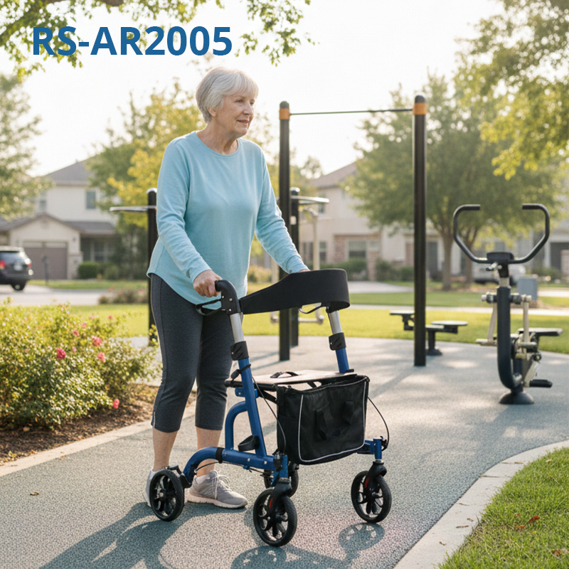 RS-AR2005 Lightweight Aluminum Rollator – 136kg Capacity, Seat & Storage Bag Mobility Aid for Elderly Care Providers