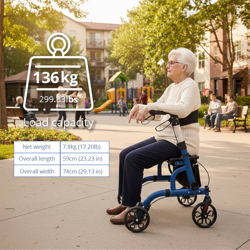 RS-AR2005 Lightweight Aluminum Rollator – 136kg Capacity, Seat & Storage Bag Mobility Aid for Elderly Care Providers