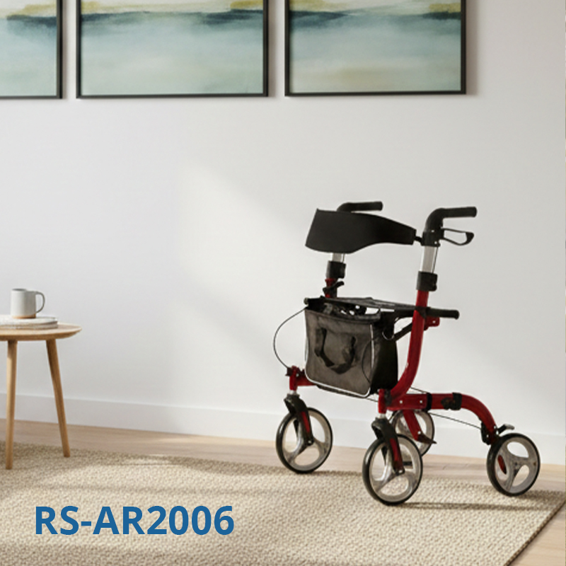 RS-AR2006 Lightweight Aluminum Rollator Walker for Elderly – Comfortable Seat, Storage Bag, 136kg Capacity | Easy Maneuvering in Black & Red for Healthcare Providers