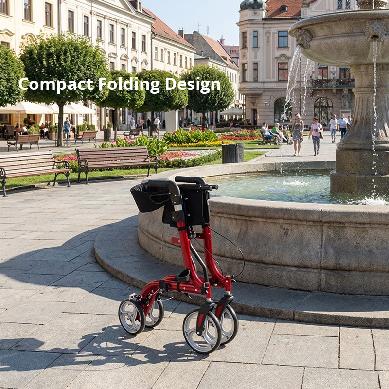 RS-AR2006 Lightweight Aluminum Rollator Walker for Elderly – Comfortable Seat, Storage Bag, 136kg Capacity | Easy Maneuvering in Black & Red for Healthcare Providers