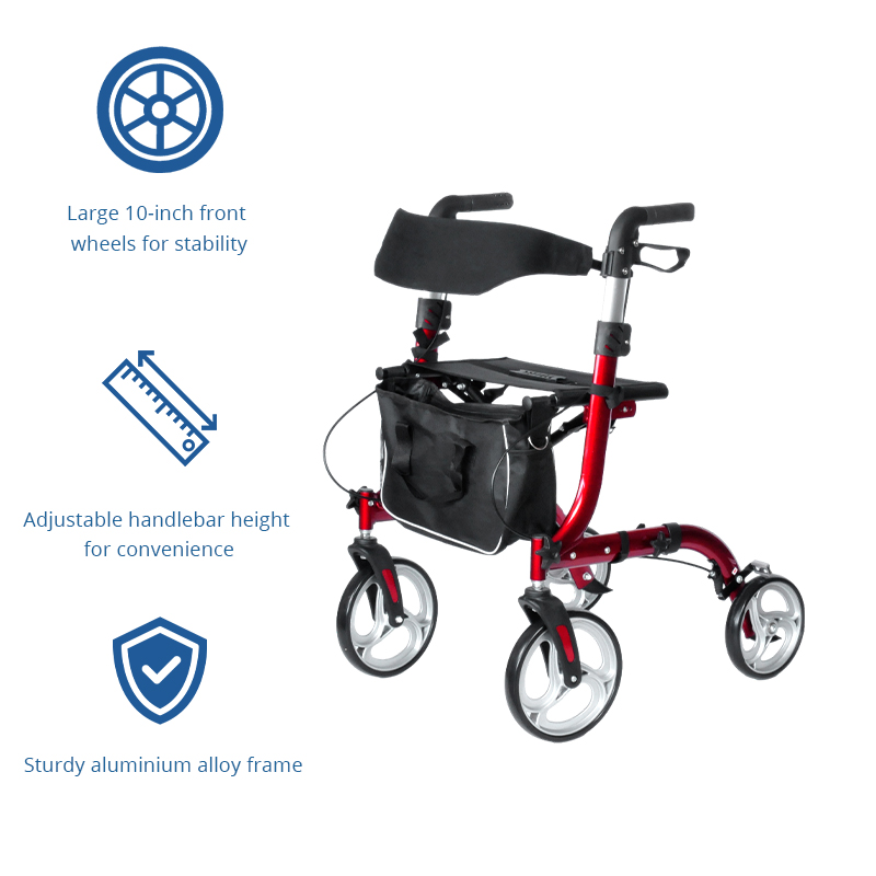 RS-AR2006 Lightweight Aluminum Rollator Walker for Elderly – Comfortable Seat, Storage Bag, 136kg Capacity | Easy Maneuvering in Black & Red for Healthcare Providers
