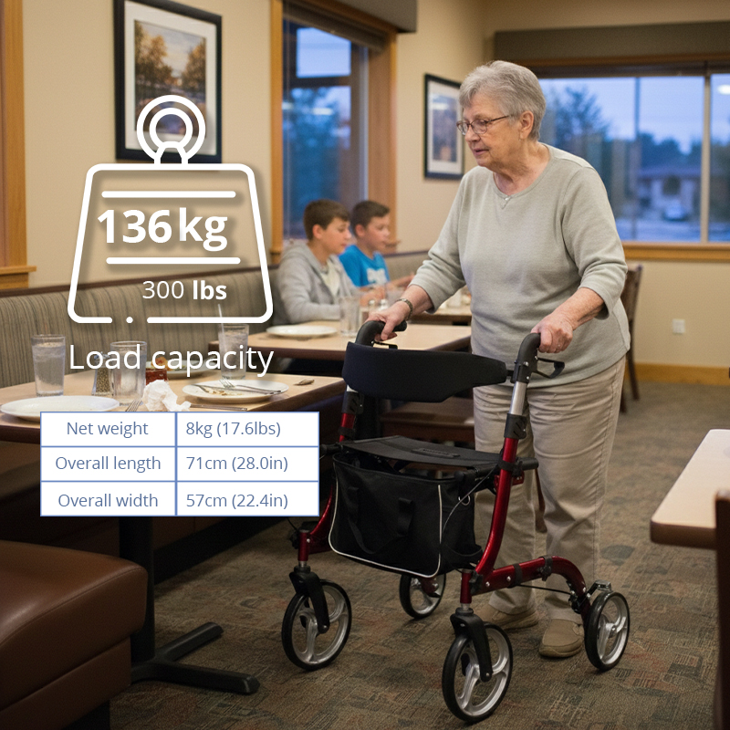 RS-AR2006 Lightweight Aluminum Rollator Walker for Elderly – Comfortable Seat, Storage Bag, 136kg Capacity | Easy Maneuvering in Black & Red for Healthcare Providers