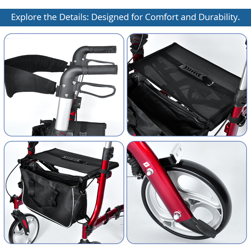 RS-AR2006 Lightweight Aluminum Rollator Walker for Elderly – Comfortable Seat, Storage Bag, 136kg Capacity | Easy Maneuvering in Black & Red for Healthcare Providers