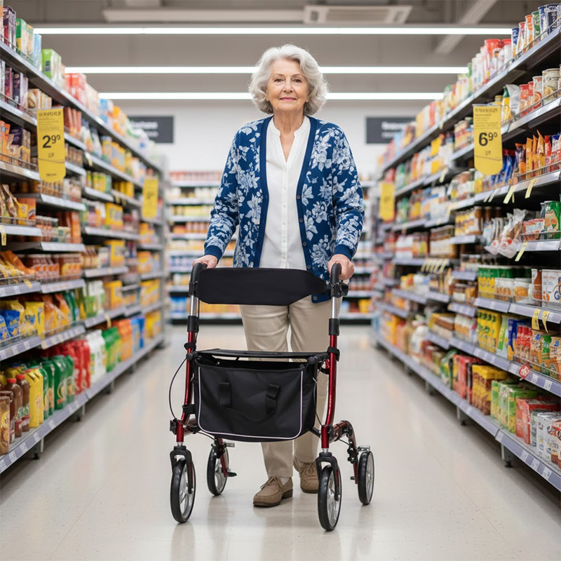 RS-AR2006 Lightweight Aluminum Rollator Walker for Elderly – Comfortable Seat, Storage Bag, 136kg Capacity | Easy Maneuvering in Black & Red for Healthcare Providers