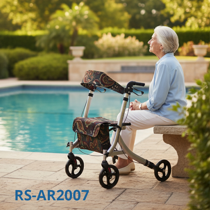 RS-AR2007Aluminum Rollator for Restricted Mobility – Adjustable Handlebar, CE Certified, 136kg Capacity | Ideal Mobility Aid for Healthcare Providers