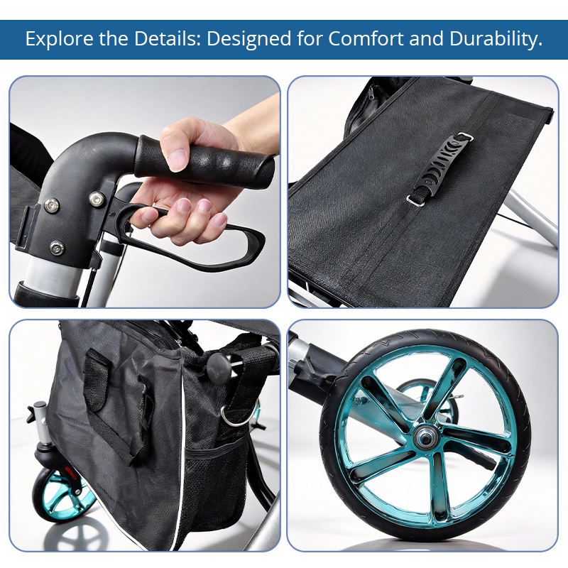 RS-AR2007Aluminum Rollator for Restricted Mobility – Adjustable Handlebar, CE Certified, 136kg Capacity | Ideal Mobility Aid for Healthcare Providers