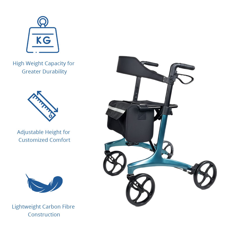 CR3011 Ultralight Carbon Fiber Rollator Walker for Rehabilitation Patients Adjustable Height Compact Folding and High Weight Capacity