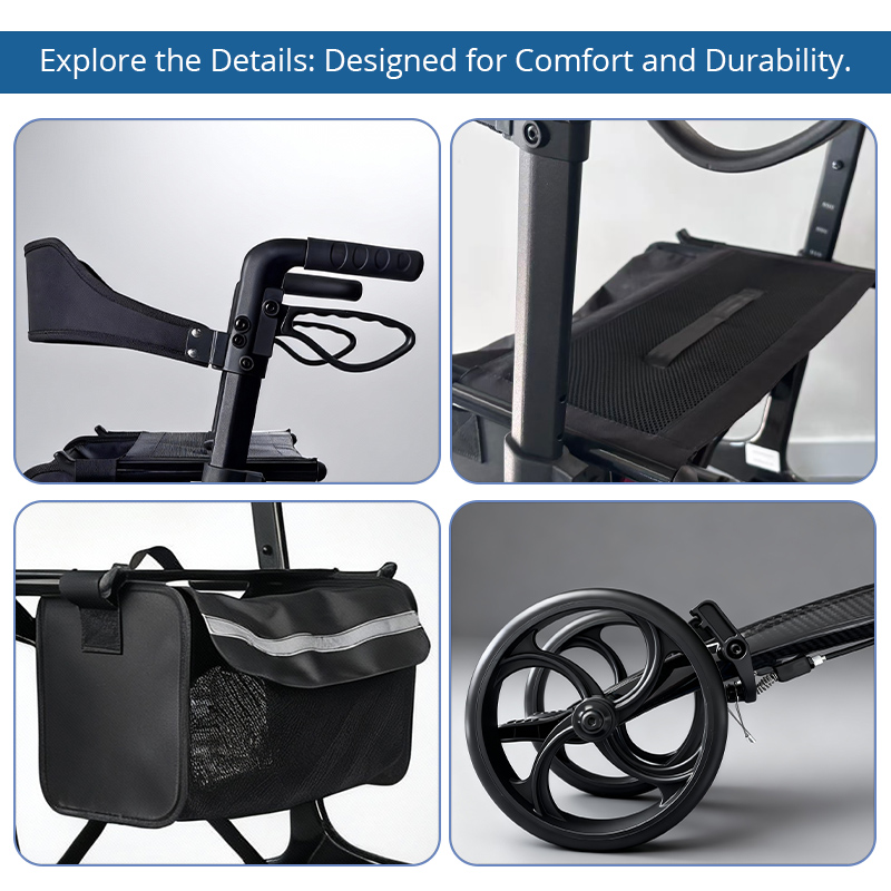 CR3011 Ultralight Carbon Fiber Rollator Walker for Rehabilitation Patients Adjustable Height Compact Folding and High Weight Capacity