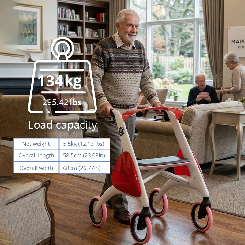 cr3013 Designer Rollator Walker with Bold Red Accents Lightweight Carbon Fibre Frame Adjustable Height Outdoor Use