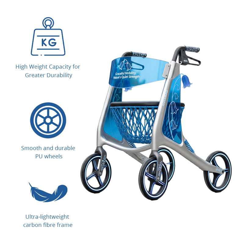 CR3014 Future Minimalist Travel  Carbon Fiber Rollator Walker Lightweight Mobility Aid with PU Wheels for Seniors