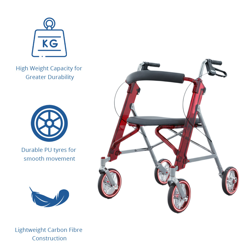 CR3016 Lightweight Carbon Fiber Rollator Walker with Durable PU Tyres and Compact Foldable Structure  Ideal for Travel  Adventures