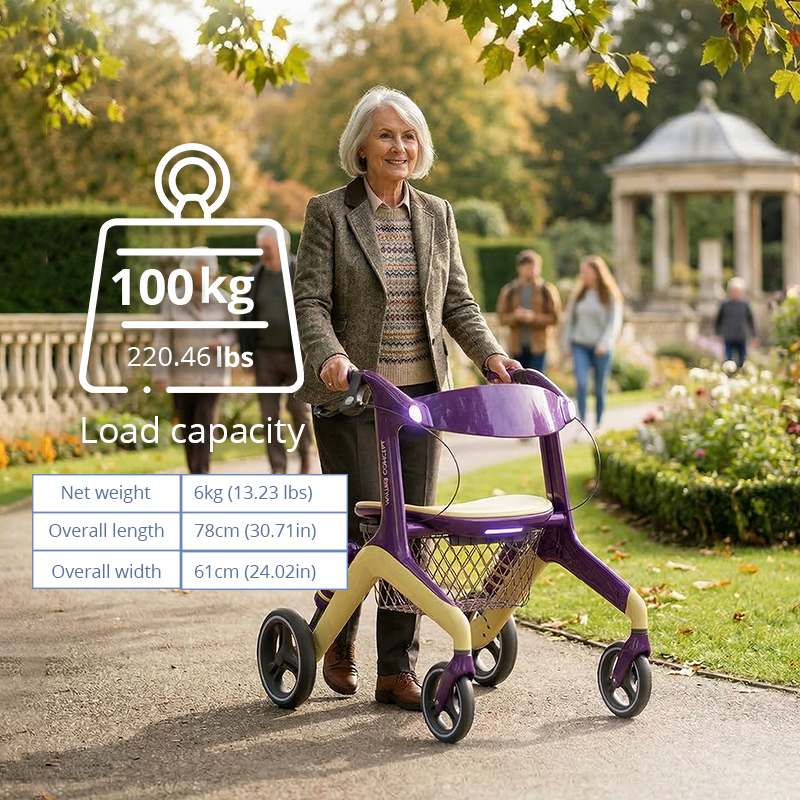 CR3018 Modern Concept Design Rollator Walker Purple Cream Yellow Carbon Fiber Lightweight Stylish Mobility Aid for Elderly