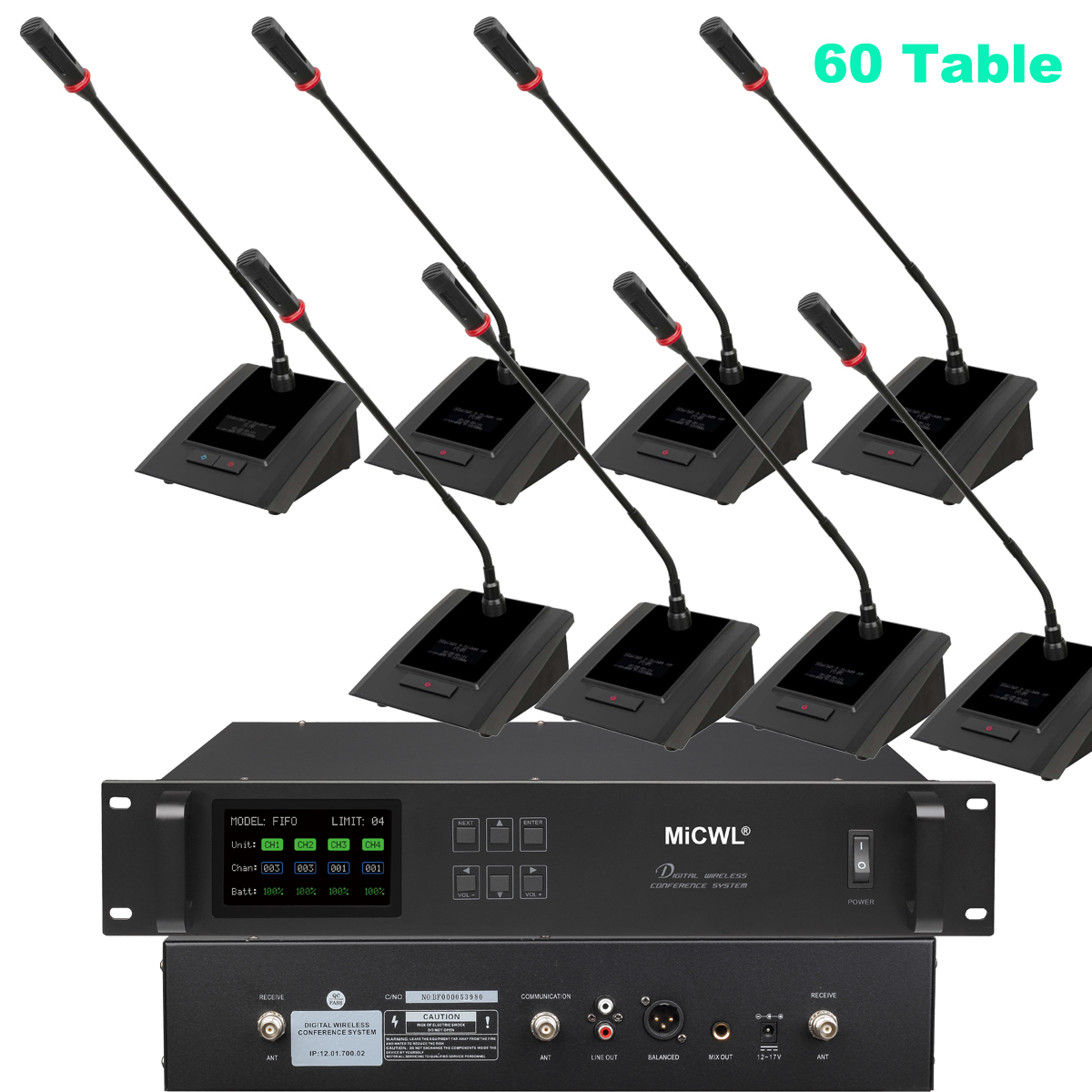 60-Unit Wireless Gooseneck Conference System Digital Meeting Microphones with Chairman Priority - MiCWL Audio