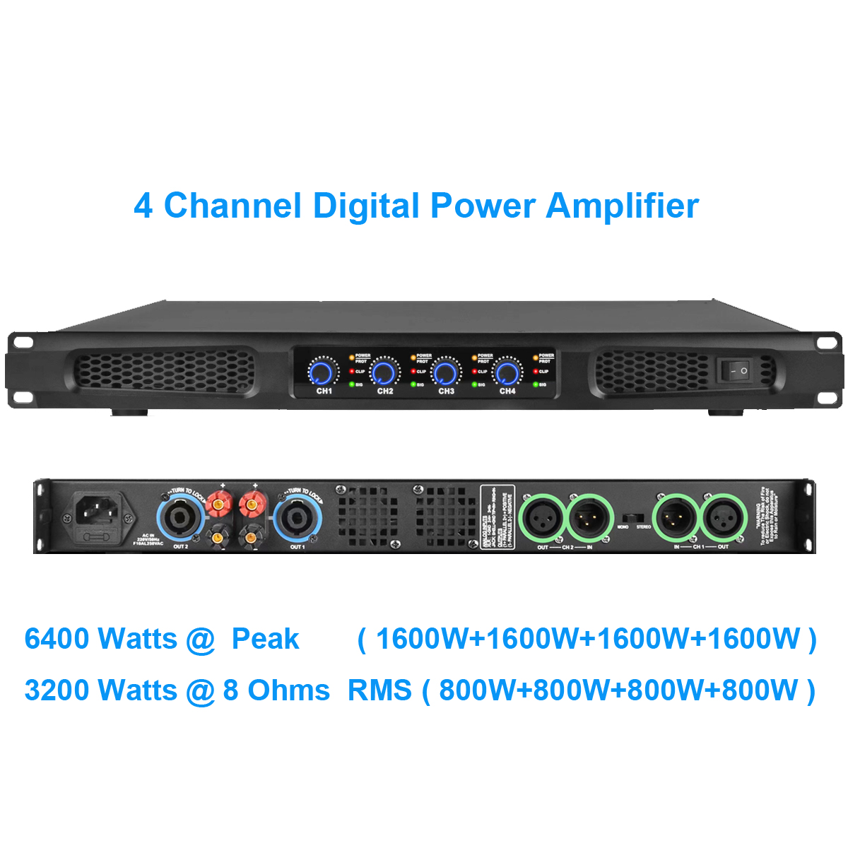 4-Channel 800W Power Amplifier Stage Home Karaoke Digital AMP for Party, DJ & Subwoofer Professional 6400W Peak Output