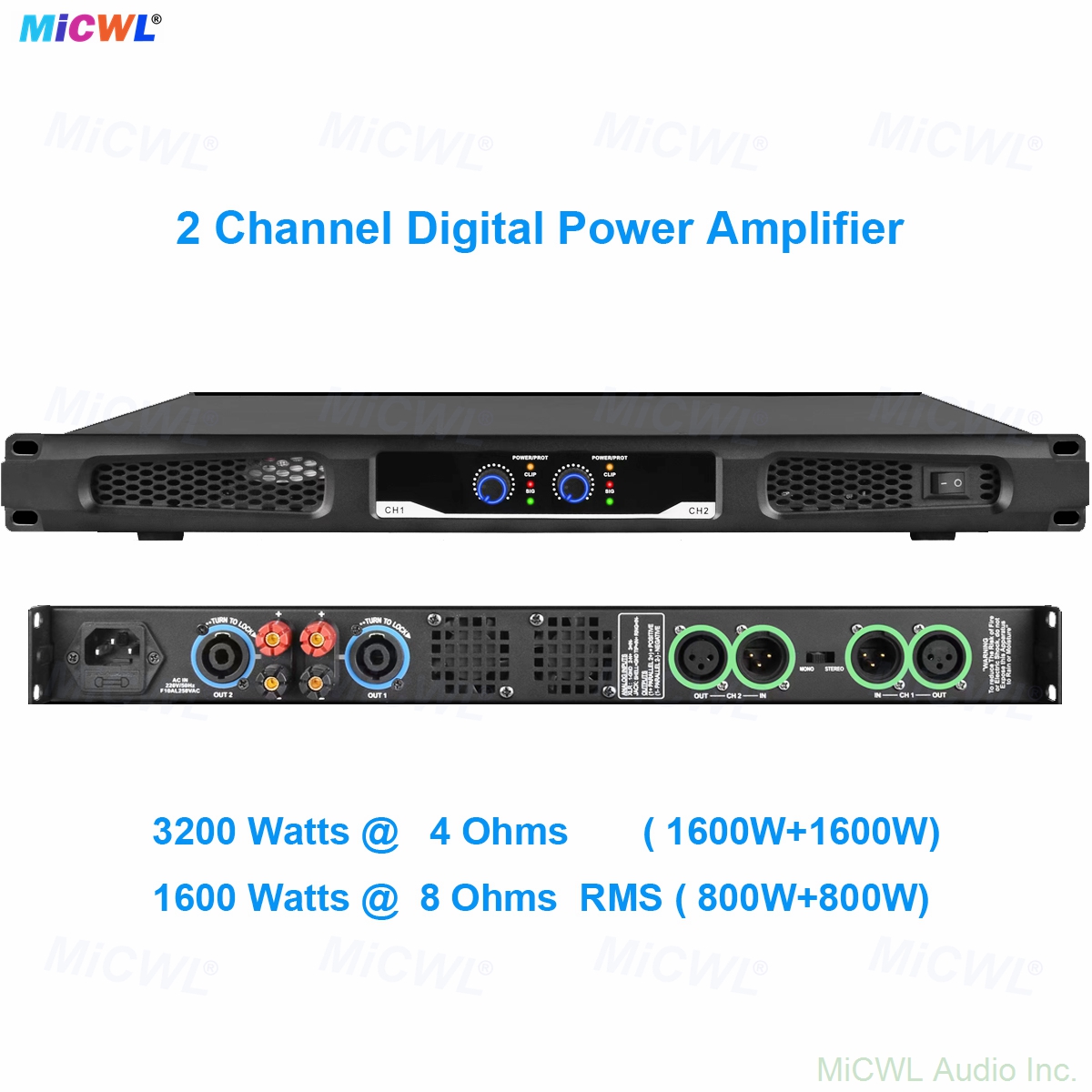 MiCWL CA6200 2-Channel Digital Power Amplifier 1300W×2@8Ω 3200W×2@4Ω Metal 1U Rack Mount for Concert Hall Stage Performance PA System