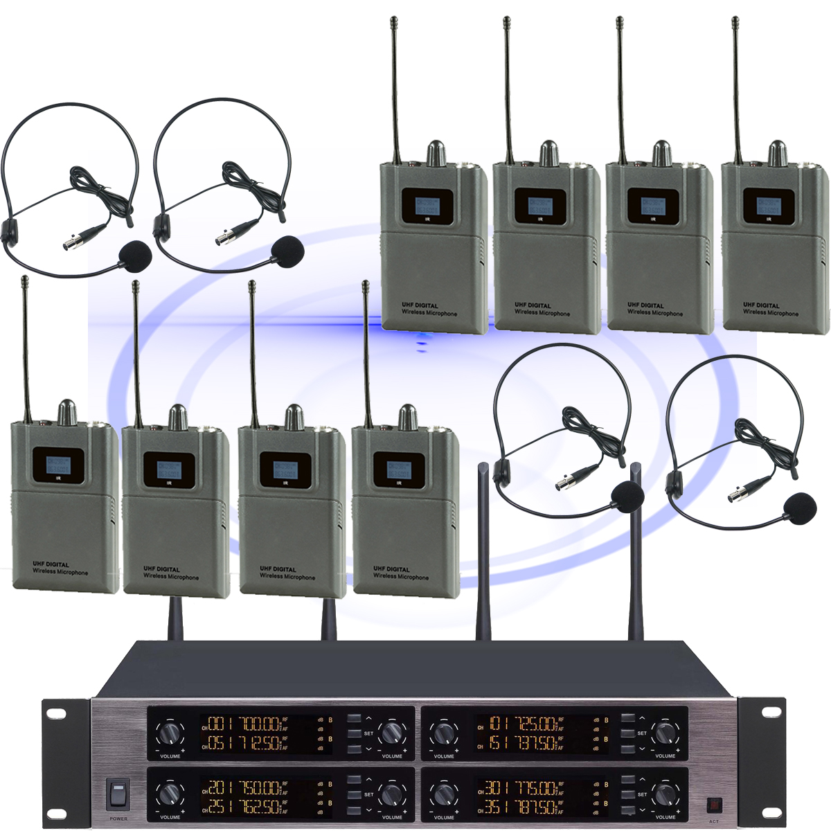 MiCWL D3900 8-Channel Digital UHF Wireless Microphone System 8 Headset + 8 Lavalier Mics 8x50 Freq Groups (400+ Channels) Encrypted Audio for Stage Church School Karaoke DJ Live Streaming