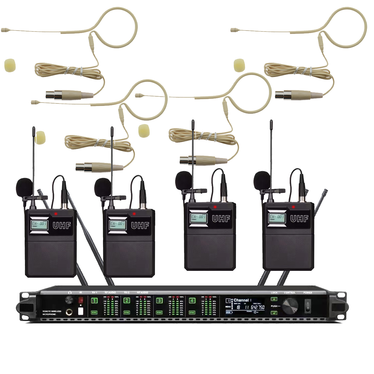 Professional AD4Q 4-Channel Digital Wireless System - True Diversity UHF MX153 Beige Headset Microphones with LED Screen for Stage Performance & Broadcast