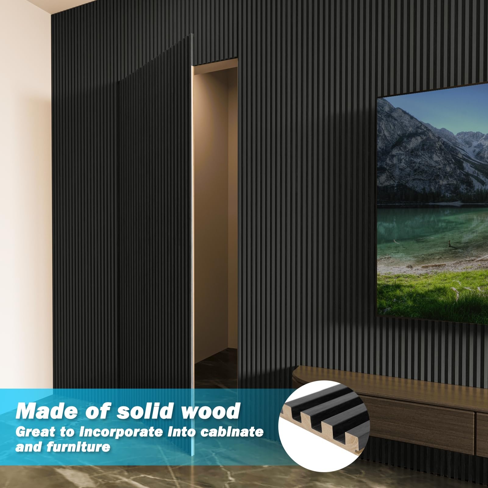 Customized Acupanel Waterproof Black Wood Slat Panels 3D Solid Wood Wall  Panel for interior wall cladding