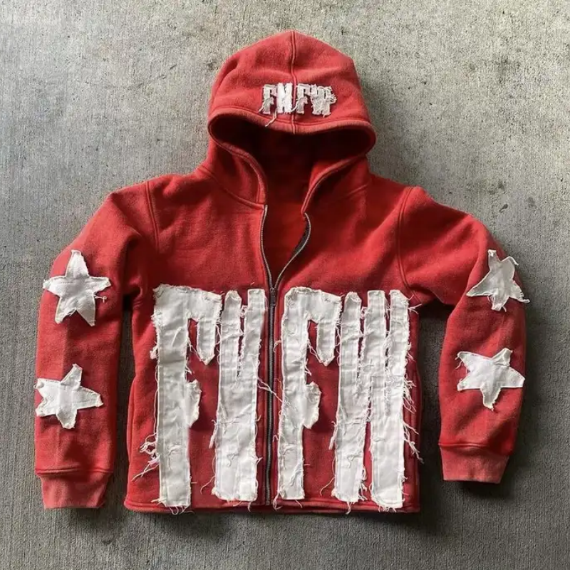Heavyweight Cropped Zip-Up Hoodie - Acid Wash & Distressed Finish with Embroidery Patches