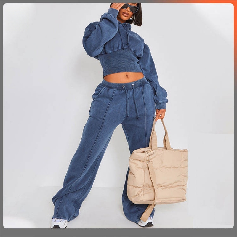 Plus Size Y2K Hoodie Set, Washed Cropped Style