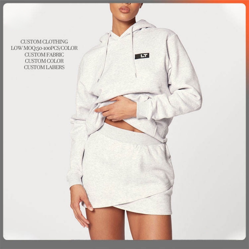 Women's Hoodie and High-Waist Skirt Set - Long Sleeve Pullover with Drawstring Skirt