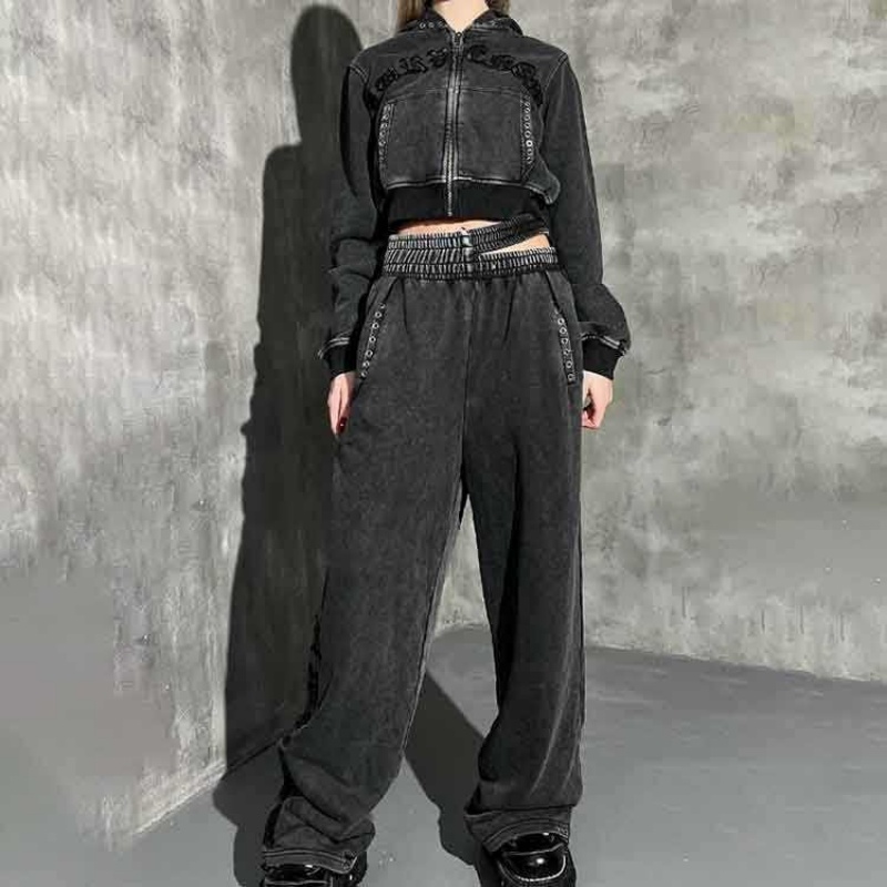 Cropped Hoodie Set, Vintage Wash & Flat Embroidery