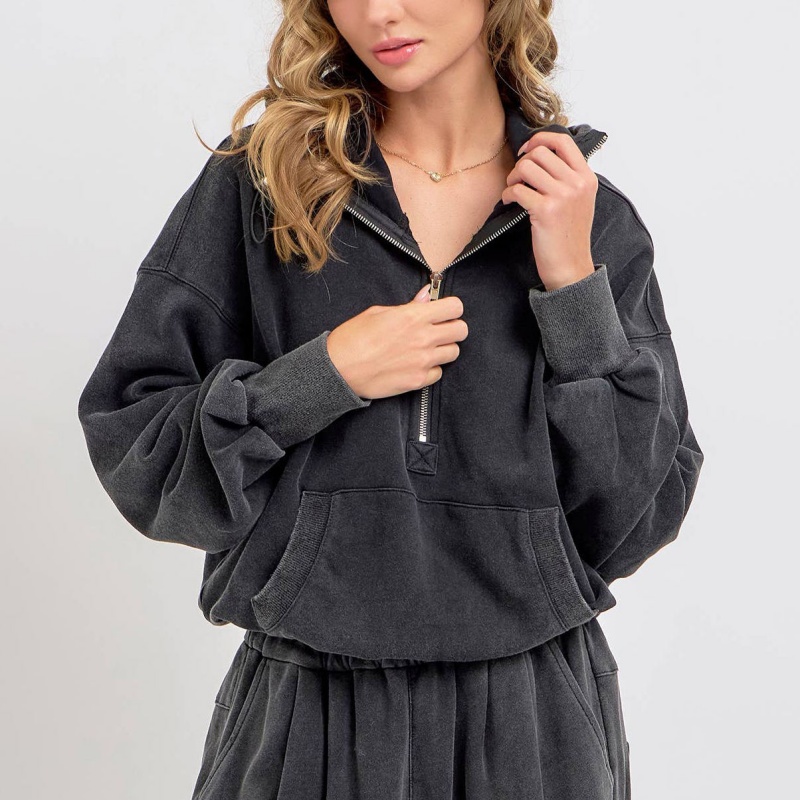 Custom Washed French Terry Half Zip Sweatshirt Kangaroo Pocket Vintage Loose Pullover Oversized Streetwear Women's Hoodie Set