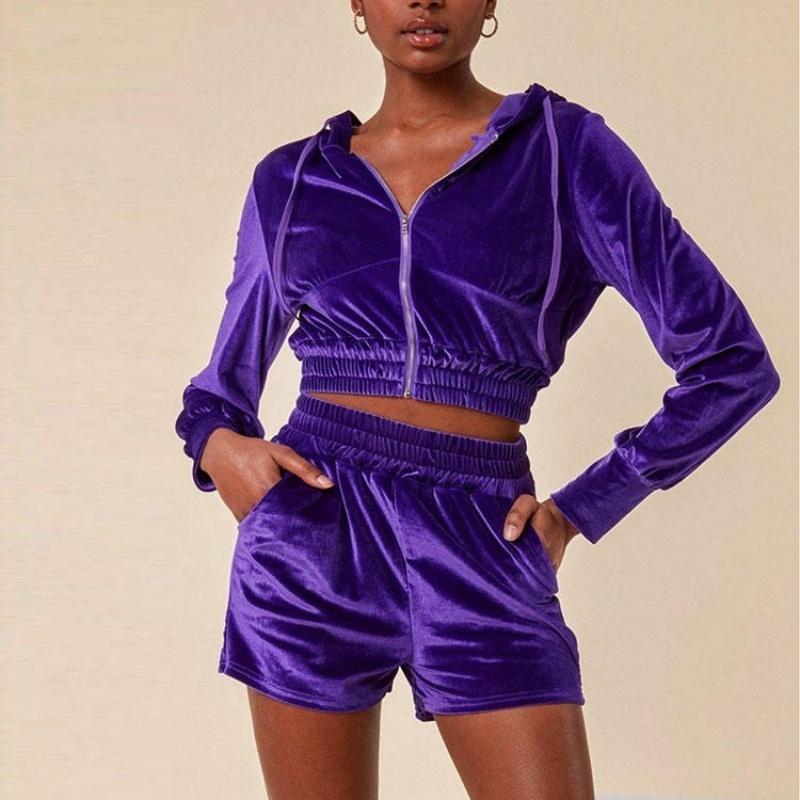 Velvet Zip Y2K Cropped Hoodie and Shorts or Pants Women's Hoodie Set