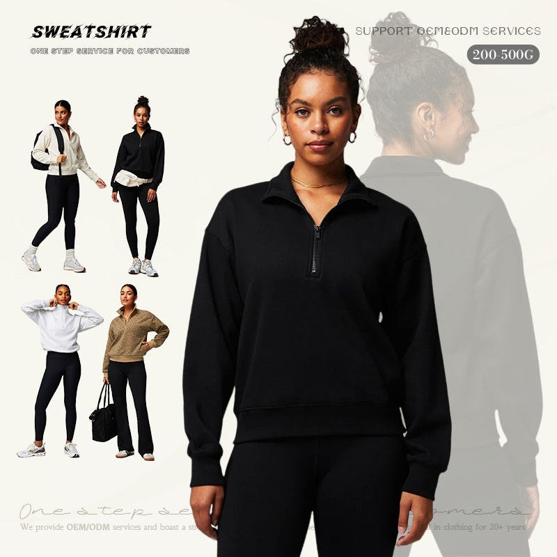 Quarter-Zip Hoodie Cotton Embroidered Half Placket Sweatshirt Women's Hoodie