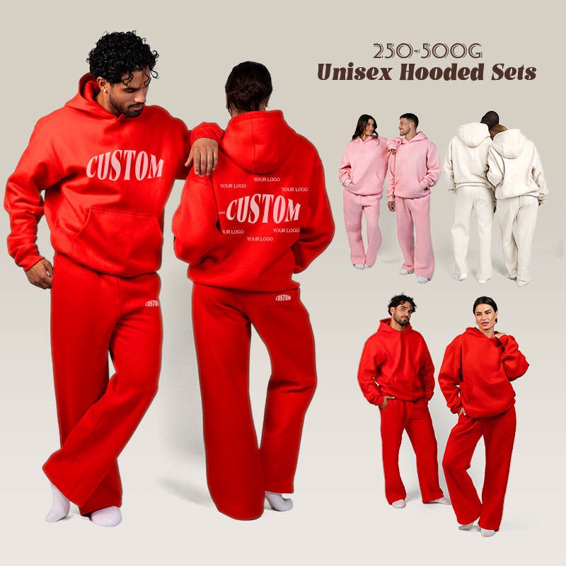 Unisex Red Wool Hoodie Set Winter Drop-Shoulder Oversized Solid Women's Hoodie Set