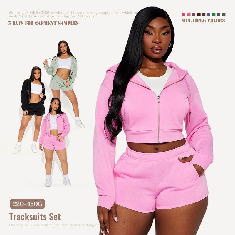 Pink Cropped Hoodie Set Zip-Up Short Style 2-Piece Jogging Women's Hoodie Set
