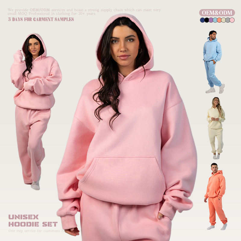 Unisex Pink French Terry Hoodie Set Winter Heavyweight 2-Piece Sportswear Women's Hoodie Set