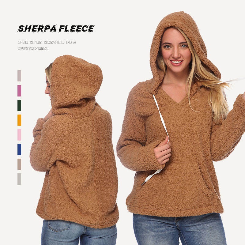 Sherpa Wool Hoodie Brown V-Neck Drawstring Winter Sweater Women's Hoodie