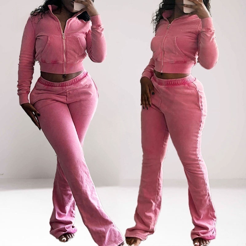 Acid Wash Heavyweight Zip-Up Top & Flare Pants for a Retro Sport Look Women's Hoodie Set