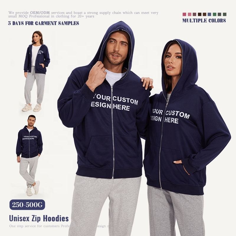 Unisex Blue French Terry Hoodie Full Face Zip Spring Autumn Blank Women's Hoodie