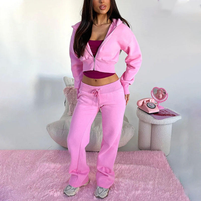 Logo Cotton Polyester Women Sweatsuit Low Rise Wide Leg Sweatpants Fleece Long Sleeve Zip up Cropped Jacket Women's Hoodie Set
