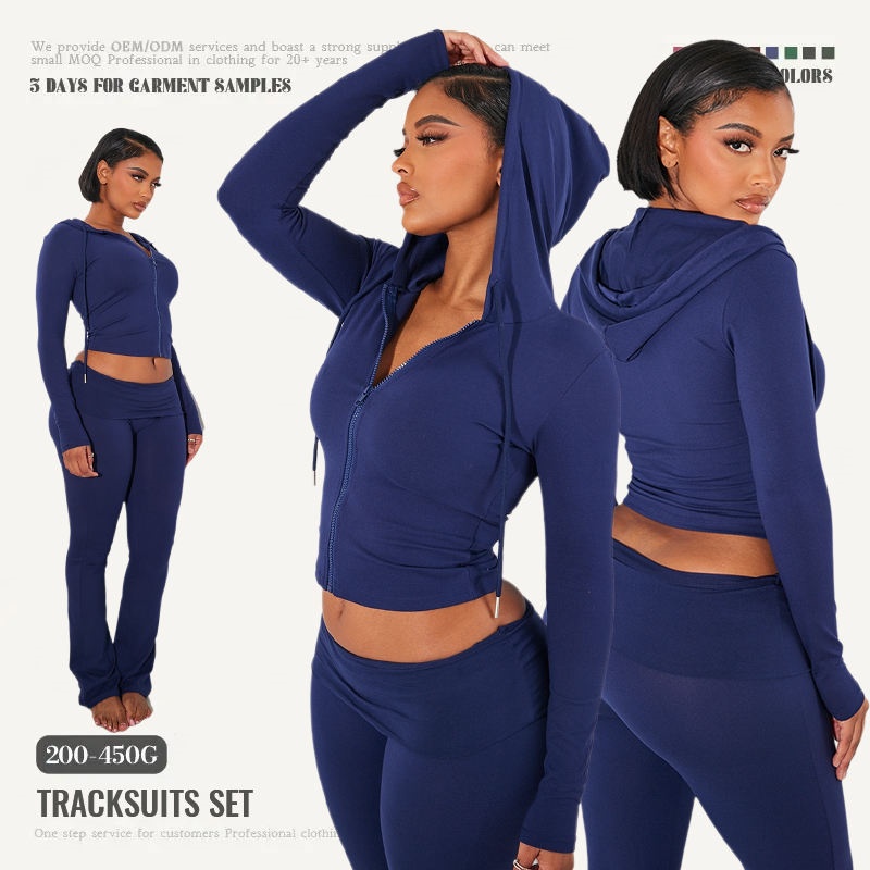 Blue Sport Hoodie Set Zip-Up Hooded Slim Jogging 2-Piece Women's Hoodie Set