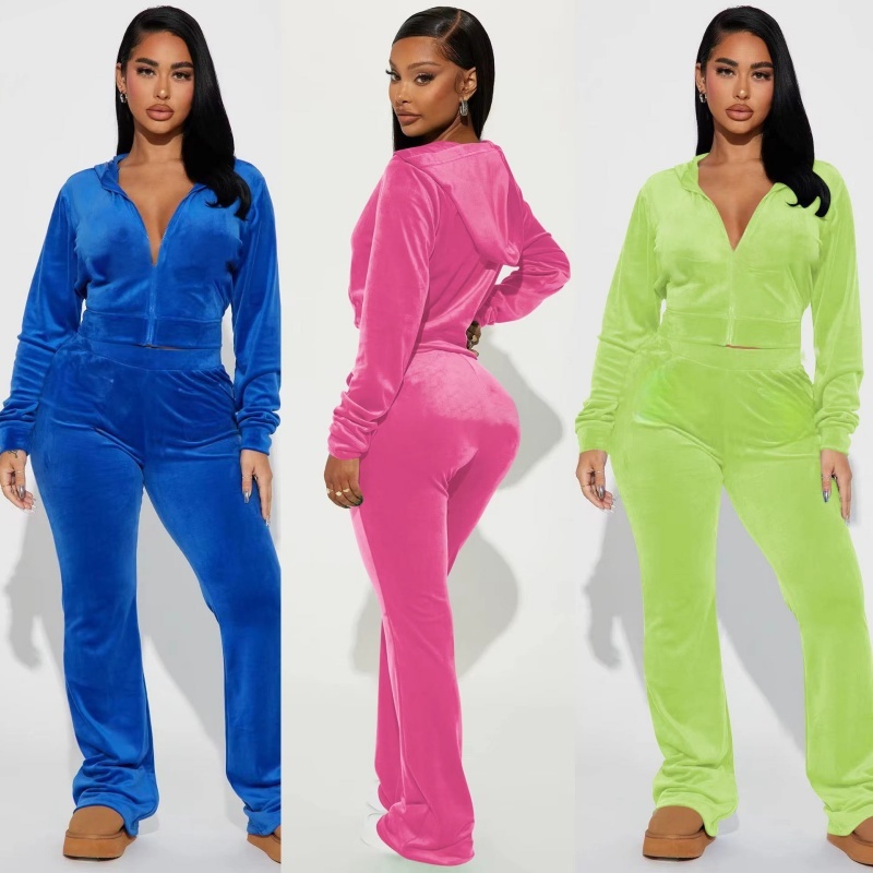 Crystal Logo Velvet Y2K Cropped Hoodie with Flare Pants 2-Piece Set Women's Hoodie Set