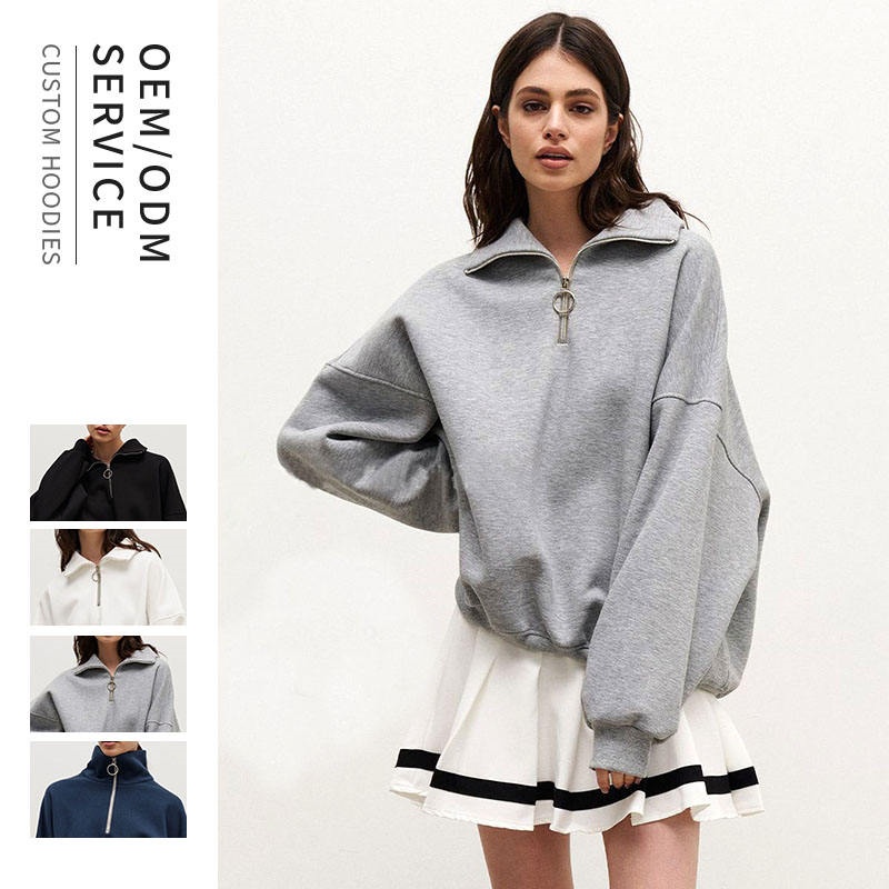 Gray Polo Hoodie Collared Quarter-Zip Sweatshirt Women's Hoodie